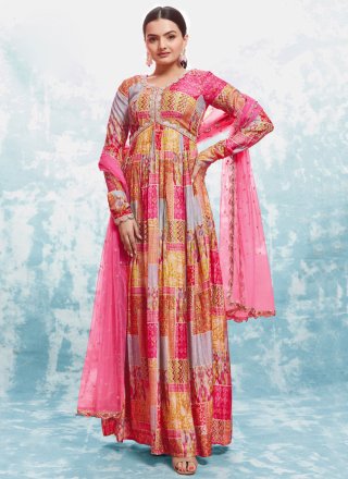 Multi Colour Embroidered and Print Work Muslin Designer Gown