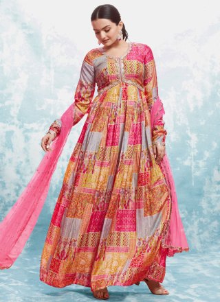 Multi Colour Embroidered and Print Work Muslin Designer Gown