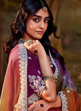 Multi Colour Fancy Fabric Shaded Saree with Patch Border, Embroidered and Sequins Work for Ceremonial