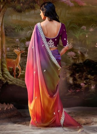 Multi Colour Fancy Fabric Shaded Saree with Patch Border, Embroidered and Sequins Work for Ceremonial