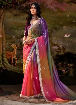 Multi Colour Fancy Fabric Shaded Saree with Patch Border, Embroidered and Sequins Work for Ceremonial