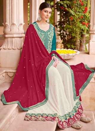 Multi Colour Faux Georgette Embroidered and Hand Work Readymade Salwar Suit