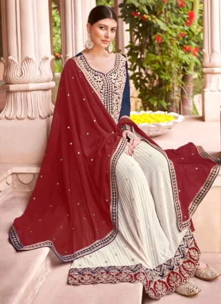 Multi Colour Faux Georgette Embroidered and Hand Work Readymade Salwar Suit for Ceremonial