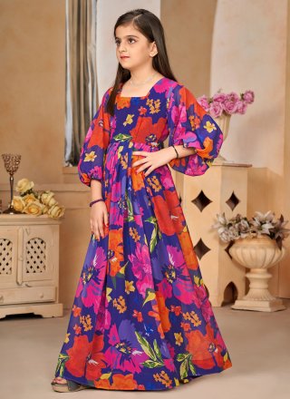 Multi Colour Georgette Digital Print Work Gown Kids Wear for Ceremonial