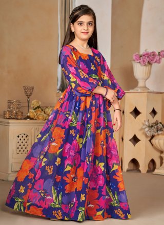 Multi Colour Georgette Digital Print Work Gown Kids Wear for Ceremonial