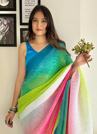 Multi Colour Georgette Print and Sequins Work Classic Saree