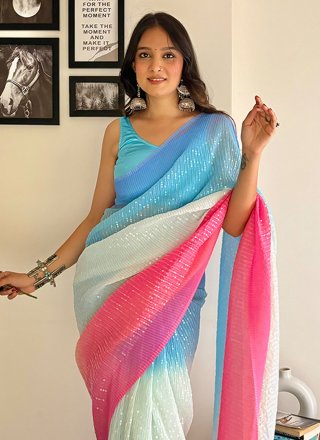Multi Colour Georgette Trendy Saree with Print and Sequins Work for Ceremonial
