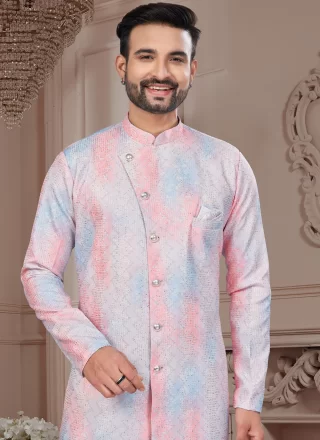 Multi Colour Imported Indo Western Sherwani with Buttons, Digital Print, Machine Embroidery and Stone Work for Ceremonial