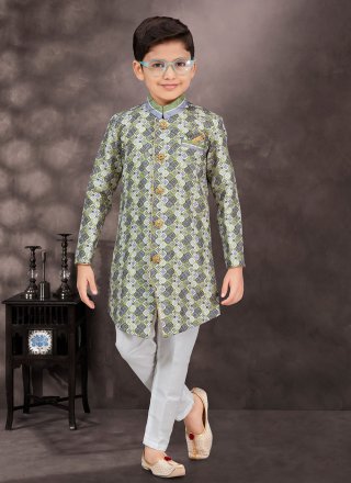 Multi Colour Jacquard Buttons, Digital Print, Machine Embroidery and Thread Work Sherwani Kids Wear for Festival
