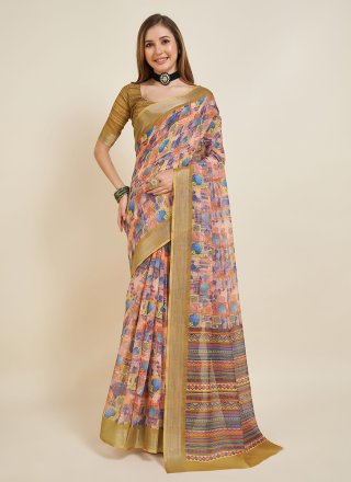 Multi Colour Linen Print Work Casual Sari