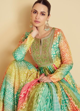 Multi Colour Muslin  Designer Gown with Digital Print and Embroidered Work for Women