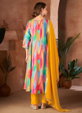 Multi Colour Muslin Digital Print and Hand Work Salwar Suit