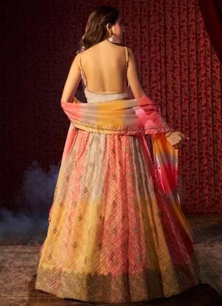 Multi Colour Organza Embroidered and Print Work Lehenga Choli for Ceremonial