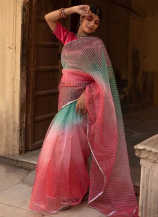 Multi Colour Organza Patch Border, Lace and Sequins Work Classic Saree