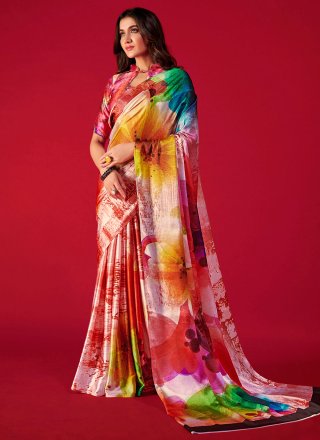 Multi Colour Pure Crepe Digital Print Work Classic Saree for Women