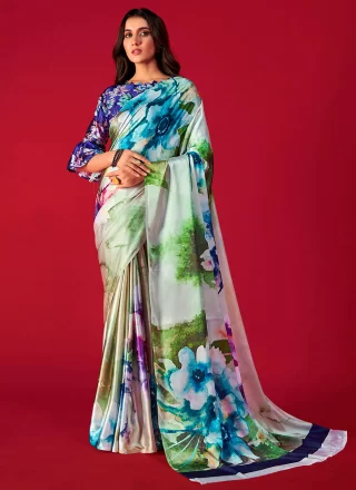 Multi Colour Pure Crepe Digital Print Work Contemporary Sari for Casual