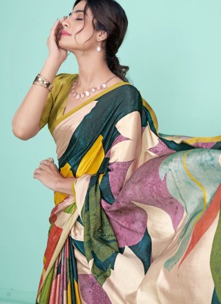 Multi Colour Pure Crepe Digital Print Work Designer Saree for Women