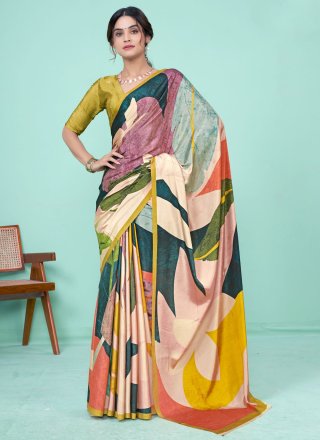 Multi Colour Pure Crepe Digital Print Work Designer Saree for Women