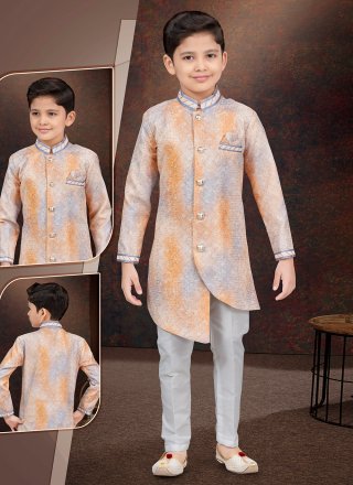 Multi Colour Pure Silk Sherwani Kids Wear with Digital Print, Machine Embroidery and Sequins Work for Kid