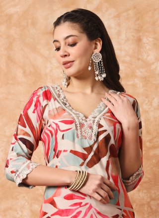 Multi Colour Rayon Pant Style Suit with Embroidered and Print Work for Women