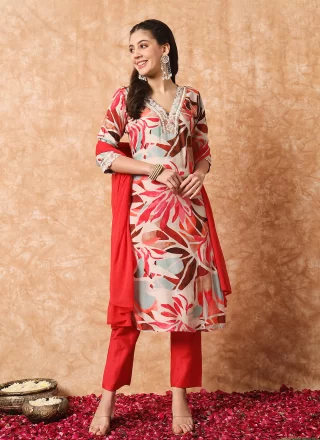 Multi Colour Rayon Pant Style Suit with Embroidered and Print Work for Women