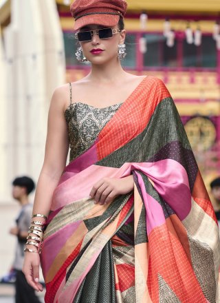 Multi Colour Satin Abstract Print Work Classic Saree for Women