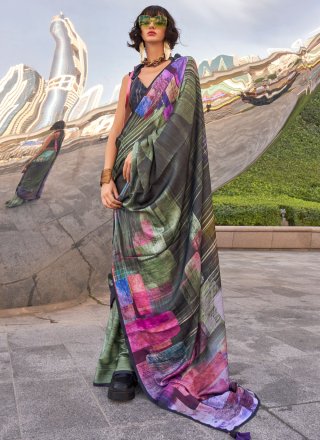 Multi Colour Satin Classic Saree with Digital Print Work for Women