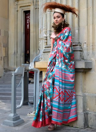 Multi Colour Satin Print Work Traditional Saree for Casual