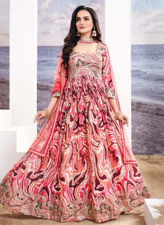 Multi Colour Silk  Designer Gown with Embroidered and Print Work for Party