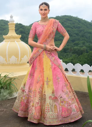 Multi Colour Silk Embroidered, Khatli and Stone Work Lehenga Choli for Women