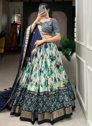 Multi Colour Tussar Silk Lehenga Choli with Floral Patch, Foil Print and Patola Print Work for Women