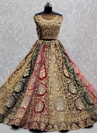 Multi Colour Velvet Diamond, Dori, Embroidered, Fancy, Sequins, Thread and Zircon Work Lehenga Choli for Ceremonial