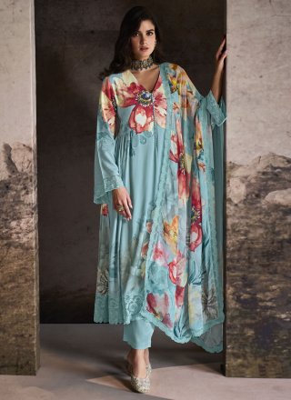 Muslin Salwar Suit In Aqua Blue