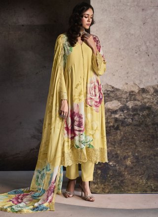 Muslin Salwar Suit In Yellow