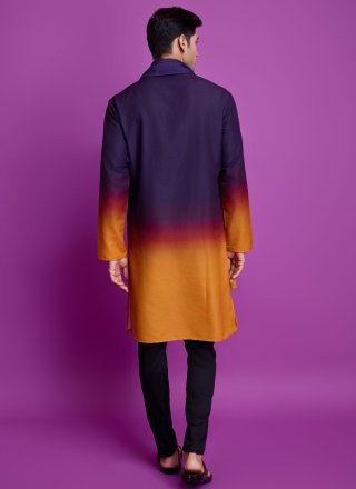 Mustard and Blue Rayon Kurta Mens Wear with Mirror and Thread Work