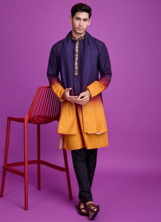 Mustard and Blue Rayon Kurta Mens Wear with Mirror and Thread Work