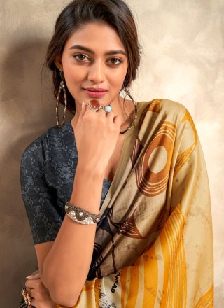 Mustard and Blue Satin Designer Sari with Abstract Print Work