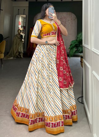 Mustard and Off White Cotton Readymade Lehenga Choli with Patola Print Work for Ceremonial