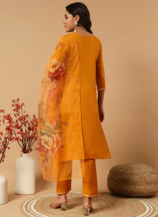 Mustard and Orange Cotton Embroidered and Zari Work Pant Style Suit