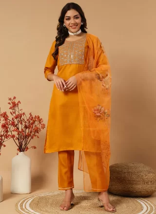 Mustard and Orange Cotton Embroidered and Zari Work Pant Style Suit