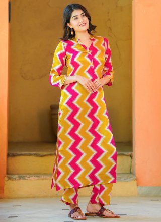 Mustard and Pink Muslin Designer Kurti with Digital Print Work