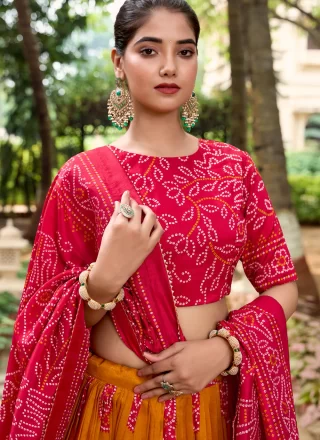 Mustard and Rani Tussar Silk Lehenga Choli with Bandhej and Print Work for Women