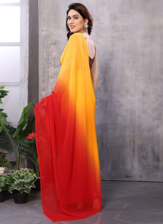 Mustard and Red Georgette Patch Border, Lace and Print Work Shaded Saree