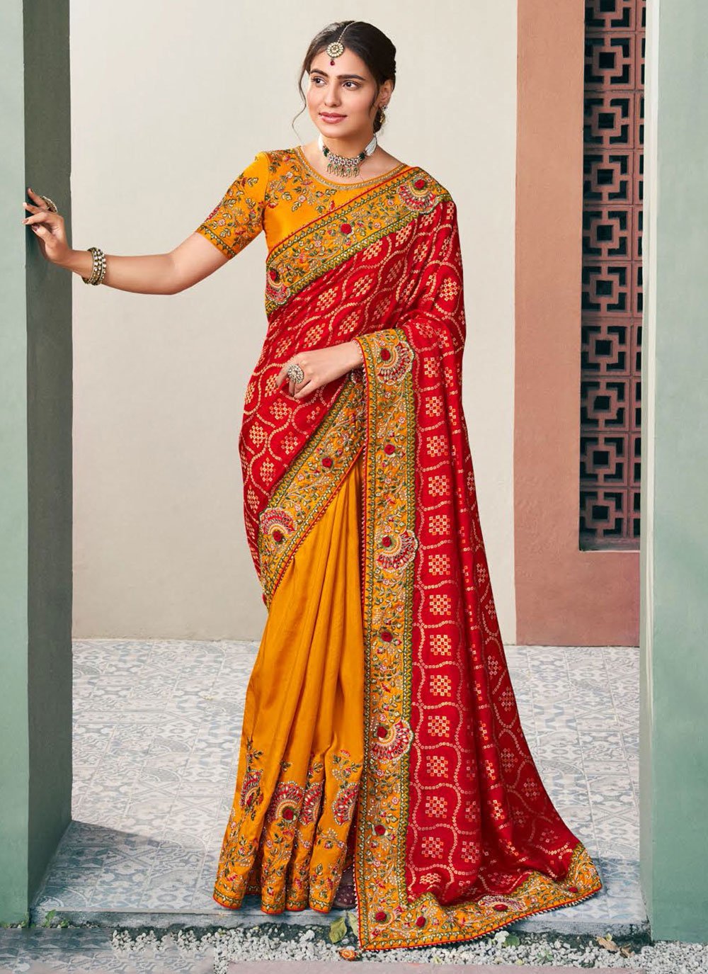 Yellow And Red Silk Saree | Saree designs, Party wear sarees, Art silk  sarees