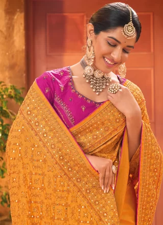 Mustard Banarasi Silk Classic Saree with Diamond, Hand and Mirror Work