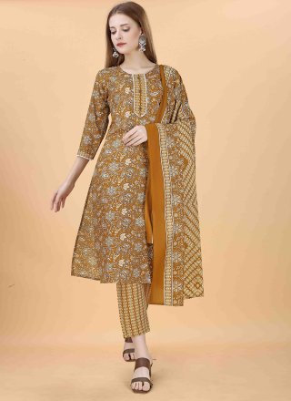 Mustard Blended Cotton Embroidered Work Salwar Suit for Casual