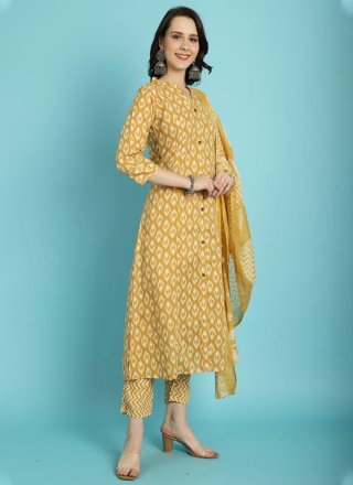 Mustard Blended Cotton Print Work Pant Style Suit for Casual