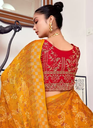 Mustard Brasso Georgette Traditional Saree with Foil Print Work for Women