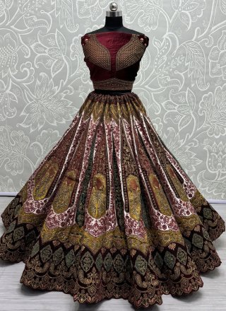 Mustard Brocade Lehenga Choli with Diamond, Dori, Embroidered, Sequins, Thread and Velvet Patch Work for Bridal