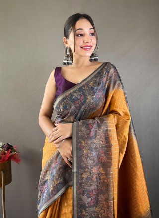 Mustard Chanderi Silk Print Work Traditional Saree for Women